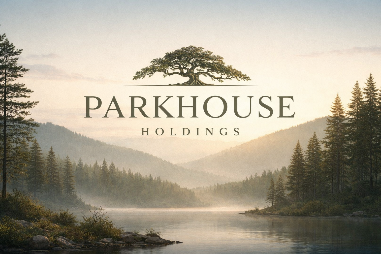 Parkhouse Holdings — an oak tree above a misty lake framed by pines and mountains